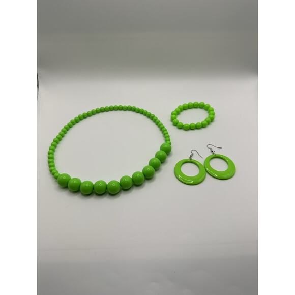 Unbranded Jewelry - Jewelry Set Of Neon Green Stretch Beaded Necklace, Bracelet, & Hoop Earrings